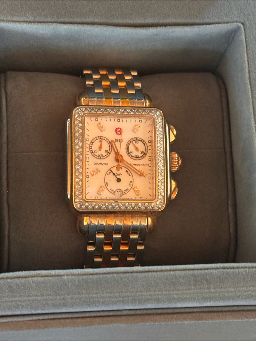 Michele Rose Gold and Silver Two-Tone Deco Chronograph Watch - Picture 7 of 9